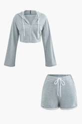 Ensemble sweat à capuche court zippé et short à ourlet roulé avec cordon de serrage
